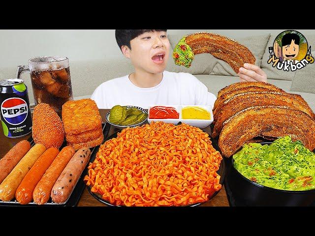 ASMR MUKBANG | Fire Noodles, Hot dog, pork belly, sausage recipe ! eating