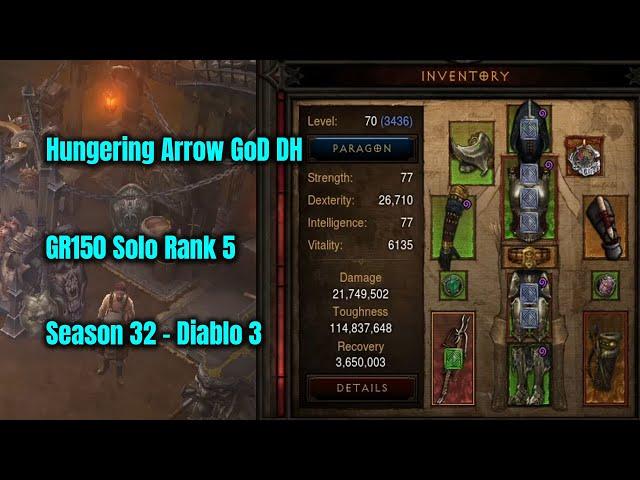 Season 32 Hungering Arrow GoD DH GR150 Solo - Diablo 3