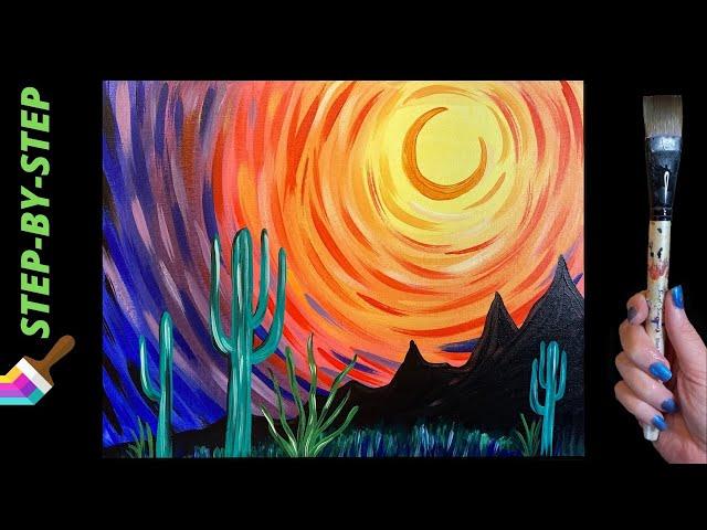 EP77 - 'Desert Sunset' easy acrylic desert painting with cacti and sunset landscape