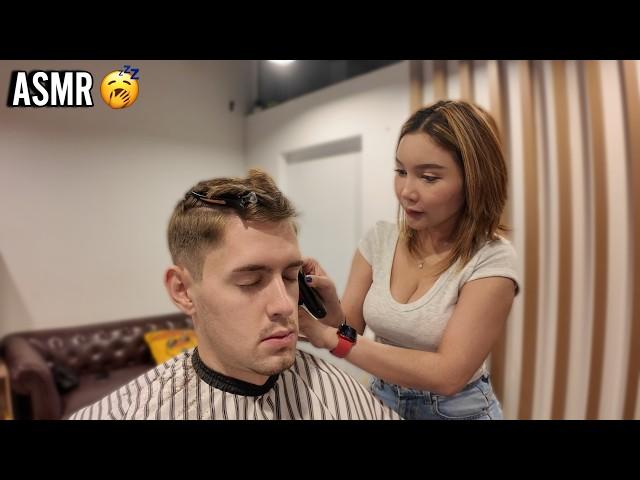 Cute Thai Barber Gives Perfect Haircut & Shave - ASMR