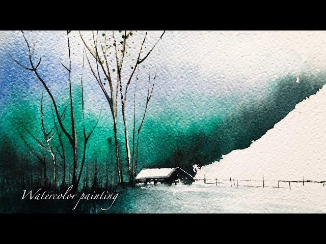 painting of a landscape with viridian tone color with watercolor technique