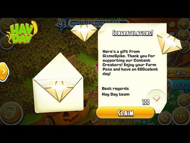 Hay Day - Receiving 100 Diamonds From A GizmoSpike Giveaway!