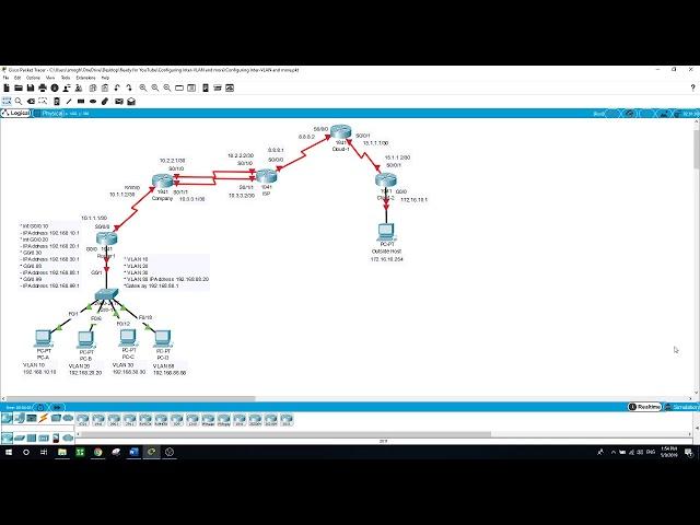 Configuring Inter-VLAN, Static Routes, Default Routes, Trunking, Packet Tracer Practice Lab.