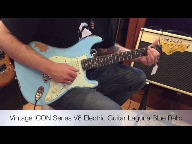 Vintage ICON V6MRLB Strat-Style Electric Guitar Distressed Laguna Blue