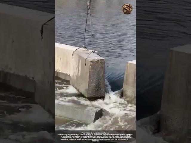 Process of River Unblocking: Crane Lifting a Concrete Plug
