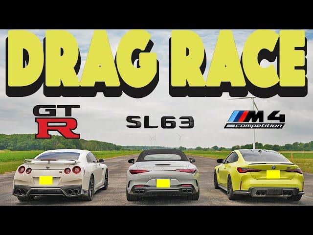 2023 Mercedes SL63S vs BMW M4 Competition XDrive vs Nissan GTR, Close but not that close. Drag Race