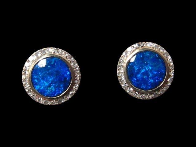 Round Blue Opal Earrings with Diamonds 14k White Gold | FlashOpal