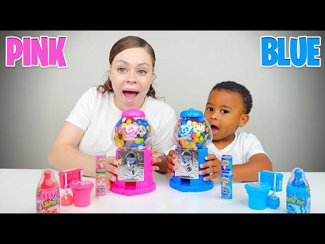 BLUE FOOD VS PINK FOOD CHALLENGE, GIANT BUBBLE GUM MACHINE, BABY BOTTLE POP, SOUR TOILET FLUSH CANDY