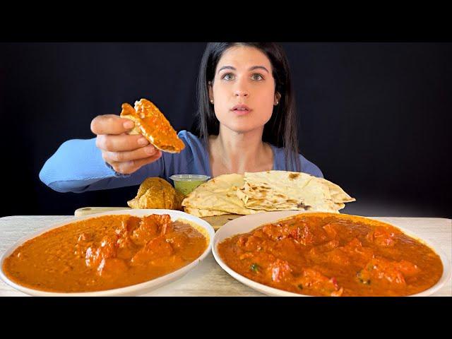 GREEK GIRL EATS INDIAN FOOD | BUTTER CHICKEN TIKKA MASALA NAAN SAMOSAS | MUKBANG | ASMR