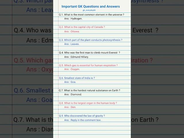 Important GK Questions and Answers in English #gk #education #history