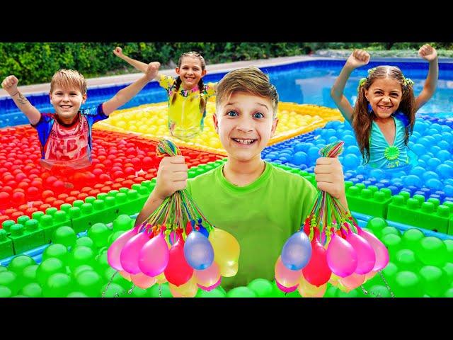 WATER BALLOONS Challenge & Others Fun Pool Adventures with Roma, Diana and Oliver!