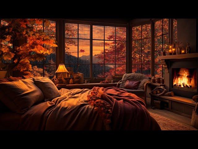 Cozy Bedroom Retreat: Relax with Autumn Rain and Soothing Fireplace Sounds | Fall Ambience