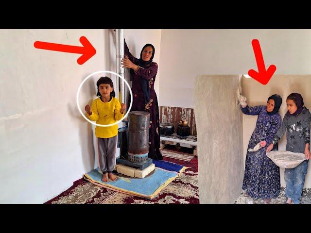 empathy of a single mother and her daughters in installing an oil heater and plastering bathroom