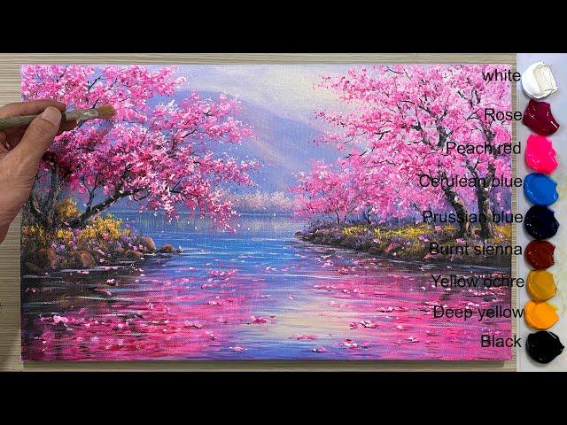 How to draw cherry blossoms on the shore of a lake / Learn to paint pink flower landscape / A Lu Art