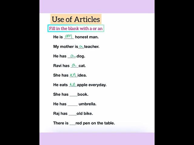 Articles exercise grade 4, 5, English grammar/ A or an practice/ practice exercise for Students