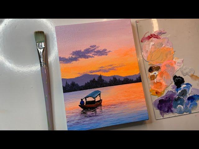 Sunset landscape painting/calm lake painting/acrylic painting tutorial