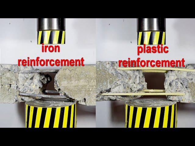 HYDRAULIC PRESS VS STEEL AND FIBERGLASS REINFORCEMENT, CONCRETE