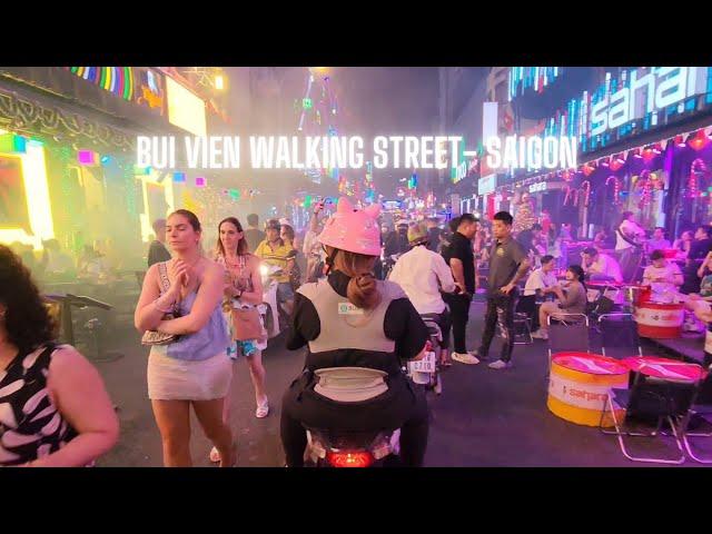 Bui Vien Walking Street, Saigon (Ho Chi Minh), Vietnam. Vibrant Nightlife in 4K. Walking Tour.