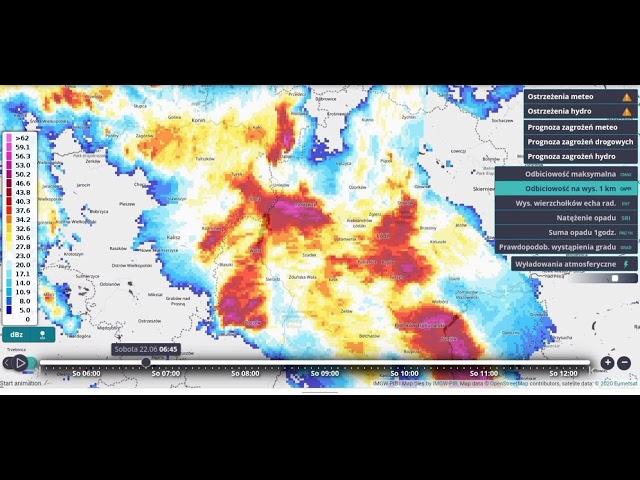 Animacja zobrazowania radarowego superkomórki burzowej wbudowanej w MCS z dn. 22.06.2024