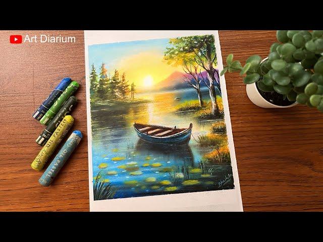 Lakeside Boat Scenery Drawing with Oil Pastels: Step-by-Step Tutorial