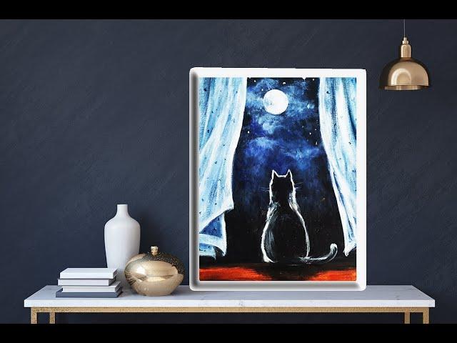 Moon & Cat Acrylic Painting on Canvas/ Step by Step/  Easy For Beginners / MariArtHome