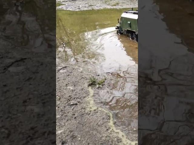 URAL 4320 with full loading Flat Bed Trailer and a URAL Radio Box in Water Crossing Sequence