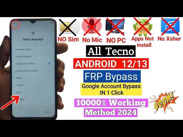 All Tecno Android 12/13 FRP Bypass New Security Update 2024 | Tecno Google Account Bypass Without PC