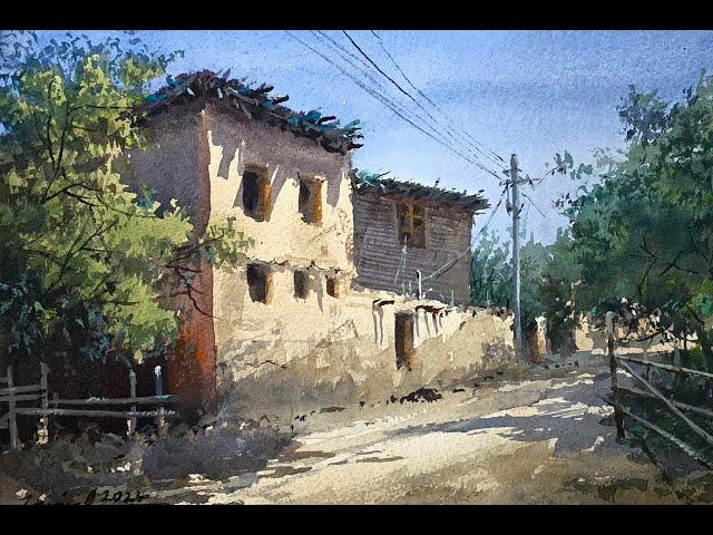 Watercolor painting tutorial - Light and Shadow in Village