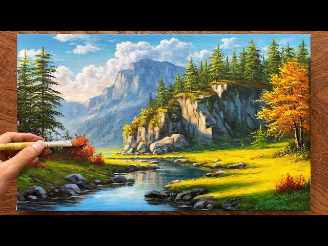 Techniques for painting beautiful mountain and forest scenes / Acrylic painting / A Lu Art.