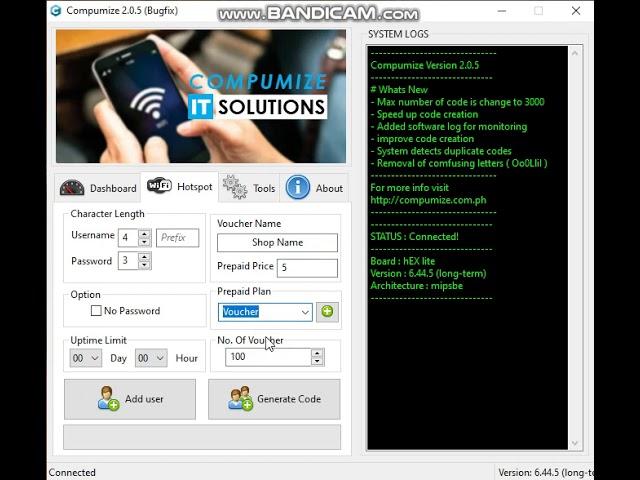 Generate Hotspot Voucher Code in Mikrotik using Compumize (username/code only)
