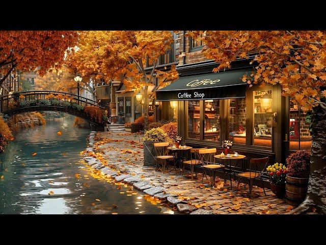 Calm Autumn Jazz Music to Relax Canalside Coffee Shop Ambience ~ Poetic Scenery of Falling Leaves