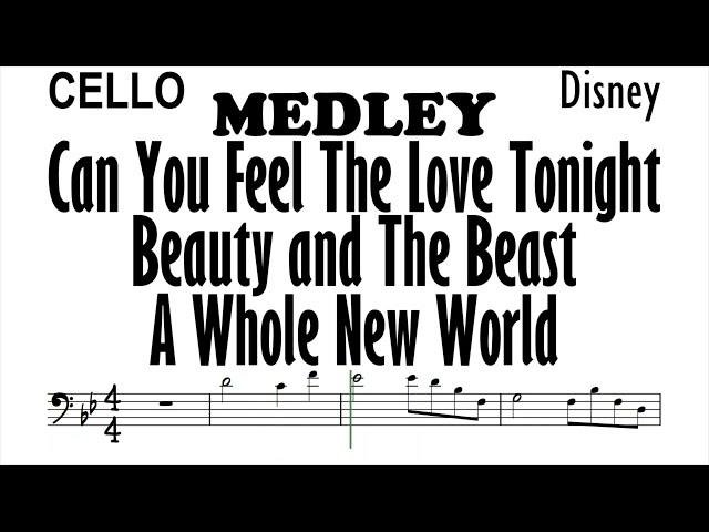 MEDLEY Cello Can You Feel the Love Tonight Beauty and the Beast A Whole New World Sheet Partitura