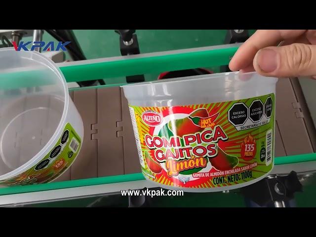 Candy Bucket Labeling Machine, Automatic Tapered Bucket Tub Pail Labeler Machine