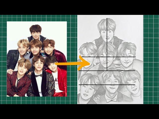 BTS Group Drawing | How to draw - step by step || Pencil  Sketch Tutorial for Beginners