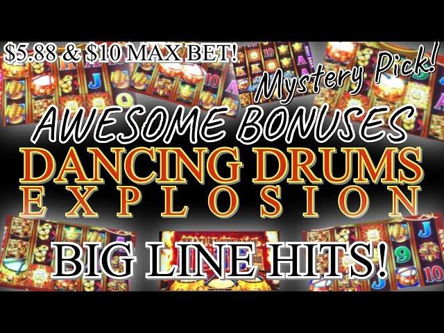 Dancing Drums Slot Machine Awesome Bonuses Big Line Hits & Wins $5.88 & $10 Max Bet Mystery Pick 