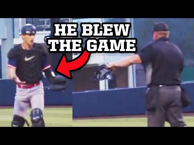 First baseman spikes the ball because he doesn't realize his catcher missed home plate, a breakdown