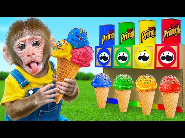 KiKi Monkey discover Four Colors Ice Cream with Four Elements Pringles Machine | KUDO ANIMAL KIKI