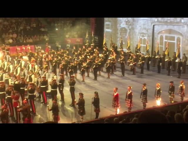 Belfast Tattoo 2016, massed bands playing Highland Cathedral, Chelsea Pensioners