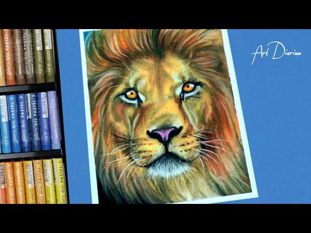 Very Easy! How to Draw a Lion Face with Oil Pastel Step by Step - for Beginners