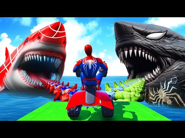 Superheroes on a motorcycle ride over the sea along the Spider-Man Bridge GTA 5