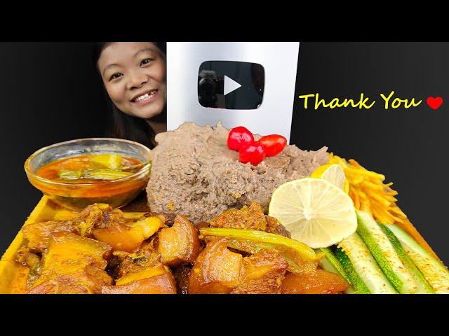 Silver Play Button Unboxing & Eating pork Gravy with Dhido, Fatty Pork Belly, Nepali Mukbang Asmr