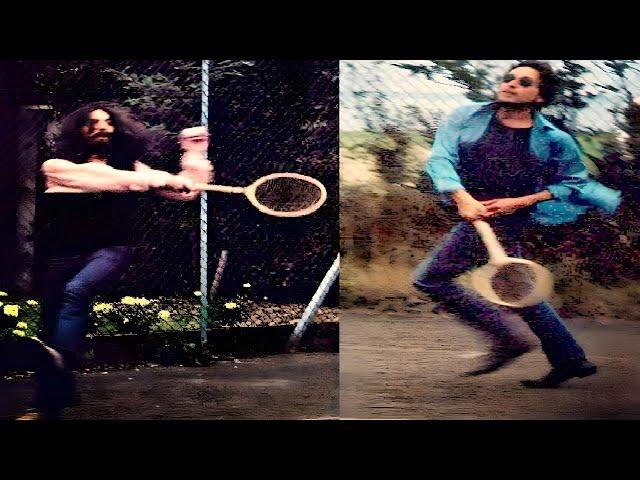 George Harrison playing tennis with Bob Dylan (1969)