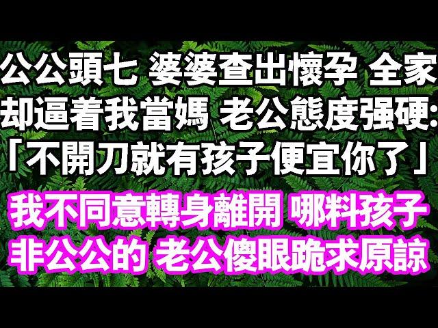 公公頭七，婆婆查出懷孕。全家人逼我當媽。小姑強硬地說：「你也不會生，不開刀就有孩子真便宜你了」我不同意轉身離開，哪料孩子不是公公的，老公傻眼跪求我回去#中老年頻道 #情感故事#家庭