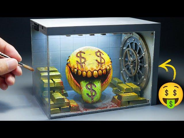 Diorama of realistic MONEY EMOJI in the gold bank