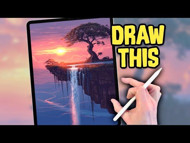 PROCREATE Landscape DRAWING Tutorial in Easy STEPS - Waterfall Tree Sunset