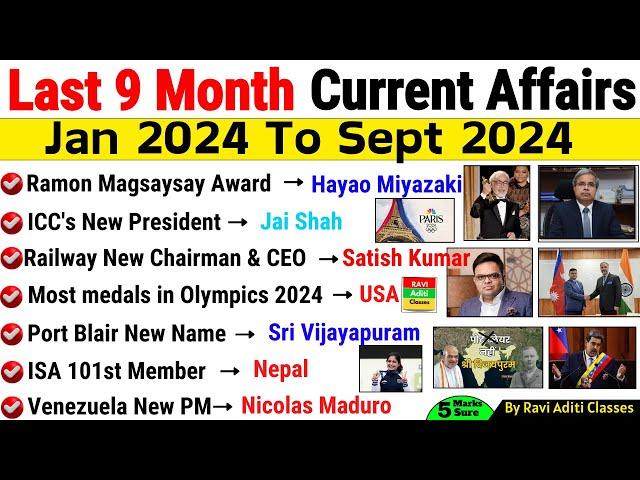 Last 9 Months Current Affairs 2024 | January 2024 To September 2024 | Important Current Affairs 2024