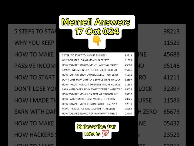 Memefi All Answer 17 Oct|| 17oct Memefi Answer #memefi #memefisecretcode #memefiairdrop #megamech