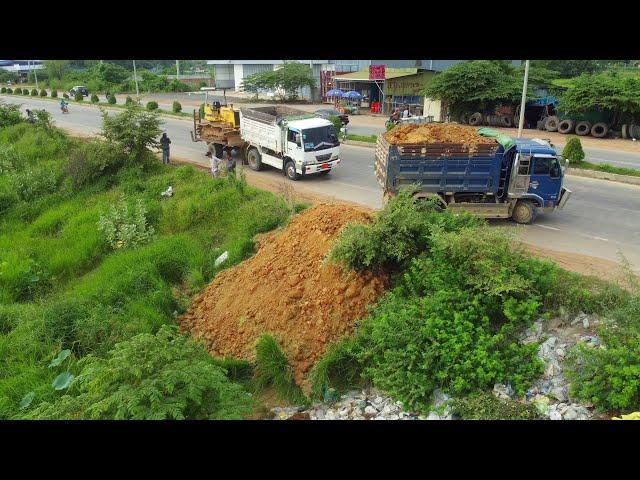 Full Project!! Bulldozer D31-P Komatsu Pushing Soil, Landfill With 5Ton dump truck