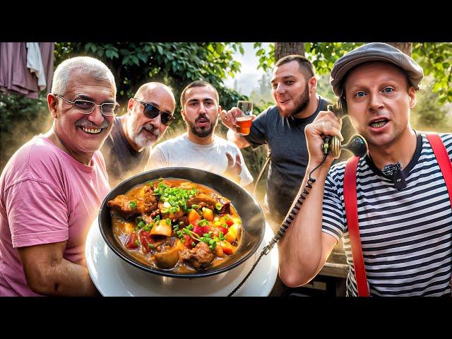 Goulash with wort in a cauldron under an open lid. Delicious lunch recipe