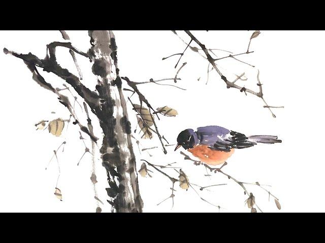 가을 풍경 수묵화. 나무와 새, 딱새, 울새 동양화로 그리기. Robin sitting on an autumn tree. Korean Ink painting